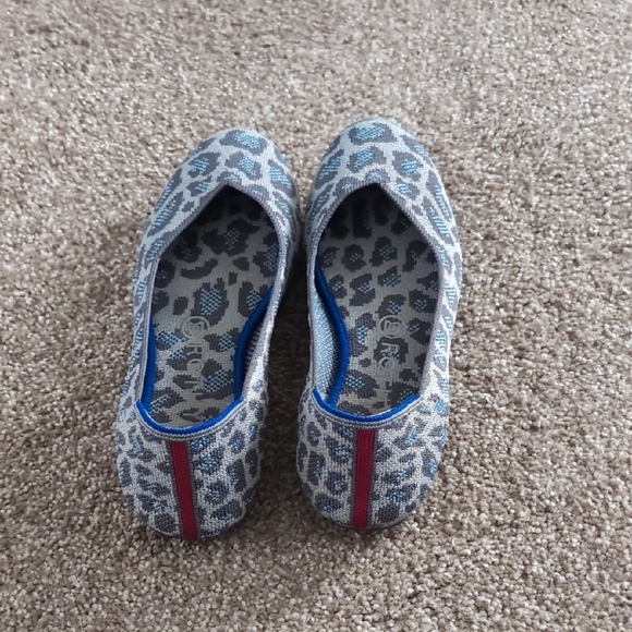 Rothy's Shoes - Rothy's Gray and Blue Patterned Flats with Red Accent Gently Used